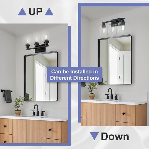 3-Light 18Inches E26 Bulbs Black Bathroom Lights Over Mirror, Anti-Rust Vanity Lighting Fixture for Bathroom, Modern