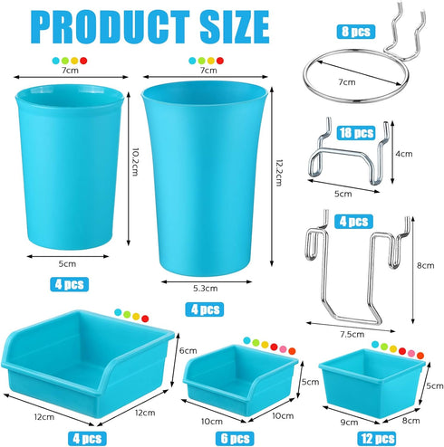 Roowest 60 Pcs Pegboard Cups, Pegboard Bins Set, Wall Organizer with Hooks and Loops, Assortment for Office Storage