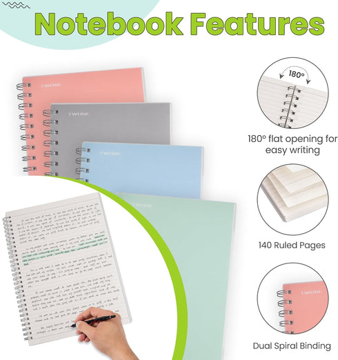 TWONE Spiral Notebook, 7"x10", 140 Ruled Pages, Waterproof Frosted PP Cover, Blue, Ideal for School, Office, Personal