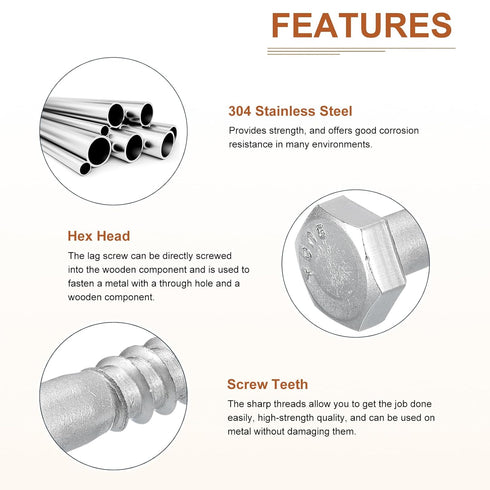10 Pack 1/4" x 2" Hex Lag Bolts for Woodworking, 304 Stainless Steel Partial Thread Hexagon Head Screws