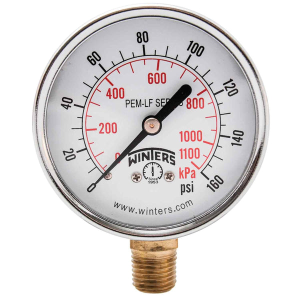 Winters Economy Utility Pressure Gauge, 2-1/2 inch Dial Size, 0-160 psi/kPa, Brass Internals, Steel Case