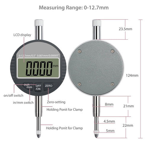 Neoteck Digital Dial Indicator 0.5 inch/12.7mm, High Resolution 0.00005 inch/0.001mm, Probe Test Gauge