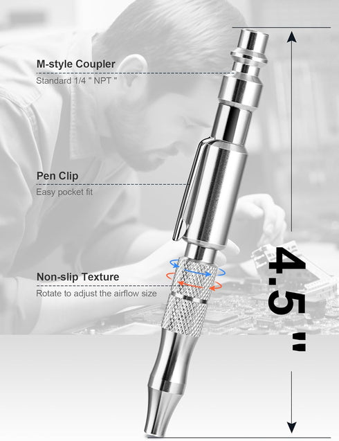 Adjustable Pocket Air Blow Gun, Industrial Style "M" 1/4 Inches Quick Plug, 150 PSI Max Portable Air Blower Pen for Dust Cleaning