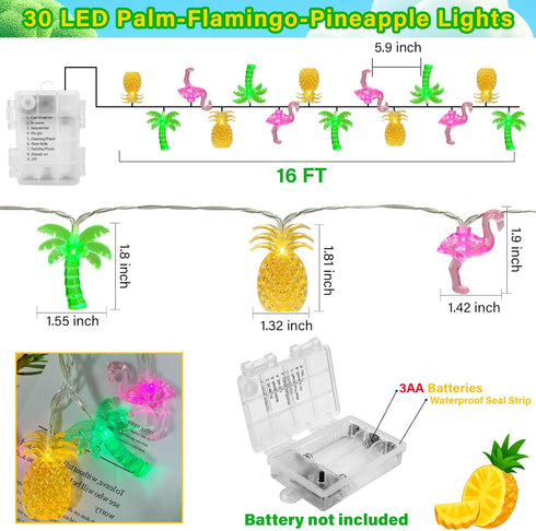 Summer 30 16Ft Summer Tropical Beach Hawaiian String Lights - LED Battery Operated Tropical Flamingo Pineapple Palm