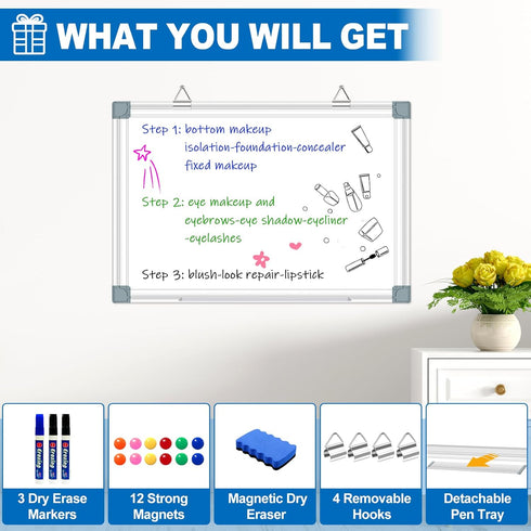 Magnetic Whiteboard Dry Erase Board for Wall, 24"x18" Magnet Hanging White Board for Home and Office