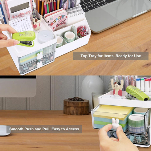Desk Organizer with 2 Drawers, 7 Compartments & Top Tray for Makeup, Bathroom, Cute Home Organization (White)