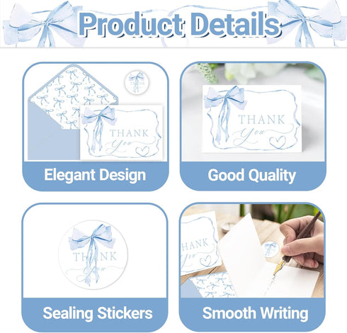 SMUAENSS 24 Pack Blue Bow Thank You Cards, Bowknot Bridal Shower Greeting Card with Envelopes and Stickers for Birthday