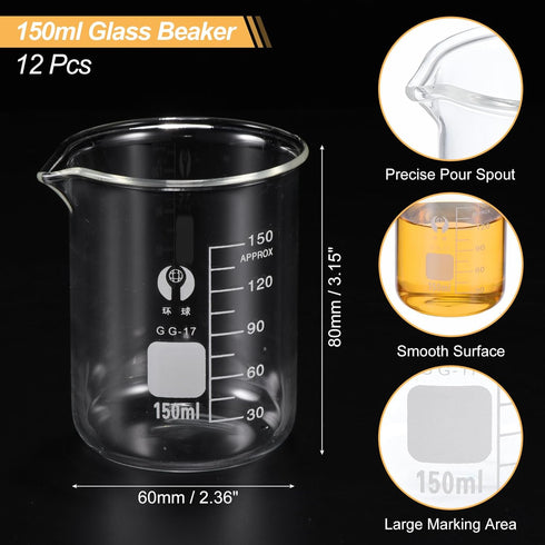 PATIKIL 150ml Low Form Glass Beaker, 12 Pack, 3.3 Borosilicate Glass Measuring Cups with Spout for Kitchen Lab