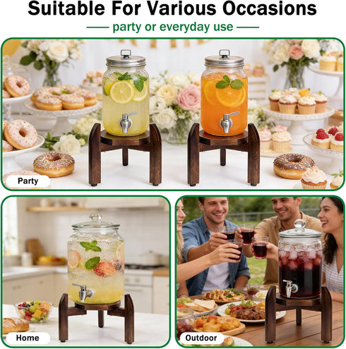 8"11.2" 5 Drink Dispenser Stand Adjustable Width for Gallon Water Jug & Beverage Jar, Sturdy Walnut Wood Holder