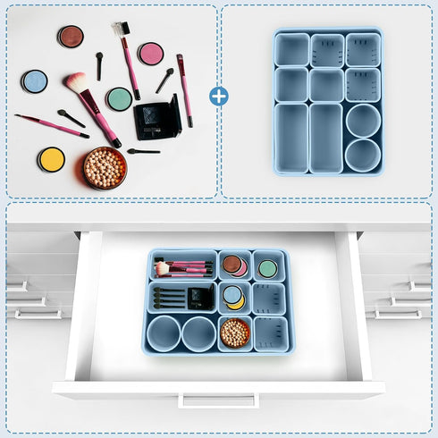 Jalopink Set Silicone Makeup Organizer Drawer with Clear Lid - Stackable Vanity & Bathroom Drawer Organizer, Adjustable