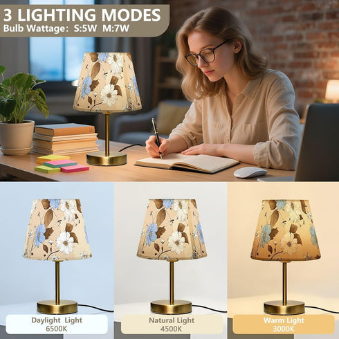 Dimmable ALAZA Table Lamp for Bedroom Nightstand White Daisy Blue Flowers Bedside Lamp with USB Port Fabric Shade Desk