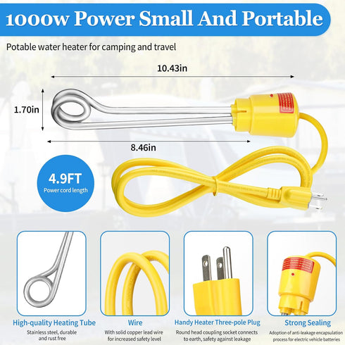 1000W Immersion 304 5 Swimming Water Heater, Portable Bucket Heater with Stainless Steel, for Teapot Water, Glass Pot