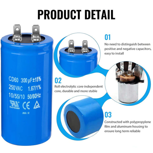 300uF/MFD CD60 Motor Start Capacitor, 250VAC 50/60Hz for Electric Motor Starting, 2 Pack