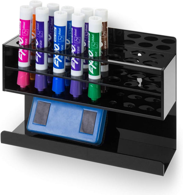 MyGift Wall Mounted Premium Black Acrylic Dry Erase Marker Holder with 16 Slots for Marker Pens and Eraser Storage Tray