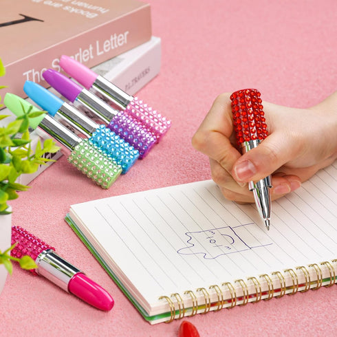 DomeStar 24PCS Lipstick Shape Creative Ballpoint Pens, Rhinestone Crystal Cute Ball Pen for Women Girls