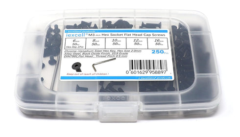 iexcell 250 Pcs M3 x 6/8/10/12/16 Alloy Steel Hex Socket Flat Head Cap Screws Assortment Kit, Black Oxide Finish