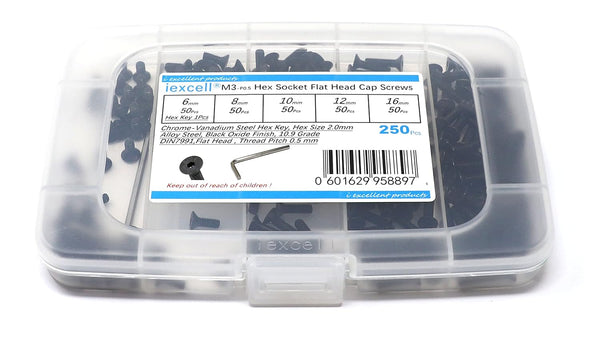 iexcell 250 Pcs M3 x 6/8/10/12/16 Alloy Steel Hex Socket Flat Head Cap Screws Assortment Kit, Black Oxide Finish