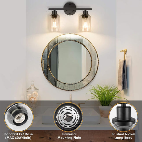 2 FOLKSMATE Bathroom Light Fixtures, Light Matte Black Vanity Light, Vintage Wall Sconces Lighting, Modern Bath Wall