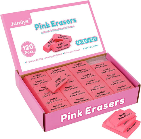 Jumlys Pink Erasers - 120 Pack Bulk for Kids, Students, Teachers, Artists, Latex-Free Smudge-Free