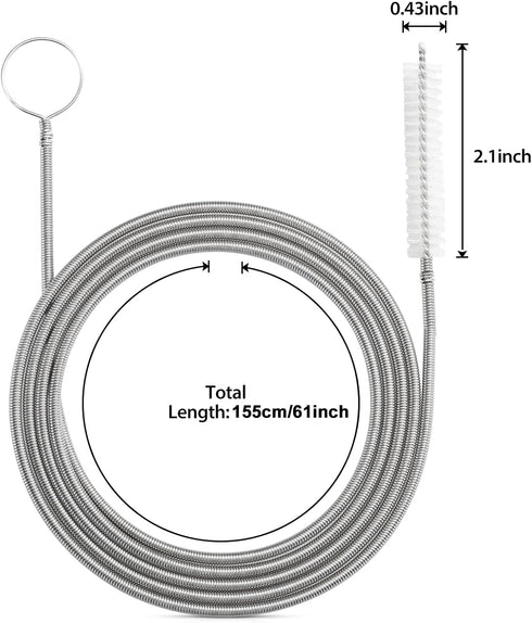 Extra-Thick 61-Inch Drain Brush, Stronger Spring Stainless Steel and Nylon Pipe Cleaner for Flexible, Curved & Slim