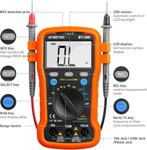 BTMETER BT-39K DVOM Multimeter with Case, 4000 Count Autoranging DMM for AC/DC Testing