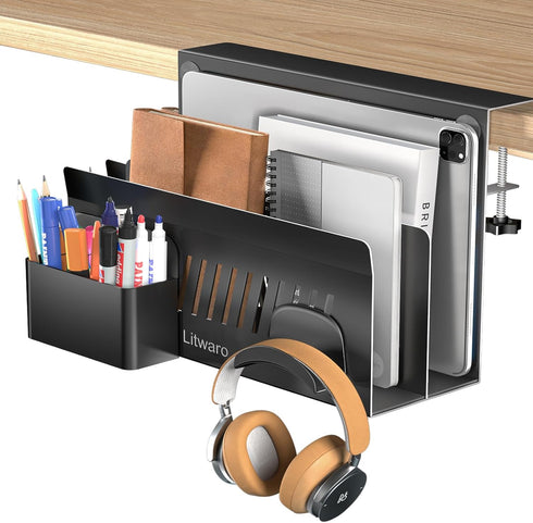 Desk Side Storage Organizer, 2 Tier Under Desk Laptop Holder, Clamp on Desk Shelf, Black