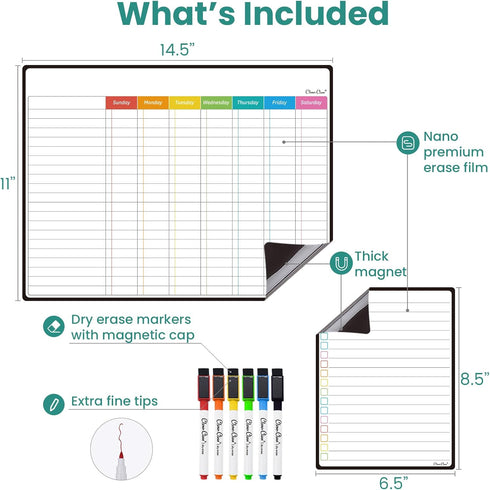 CLEVER CLEAN Magnetic Dry Erase Chore Chart - 14.5"x11" Chore Chart for Kids, Teens and Adults - 6.5"x8.5" List Board for Fridge - 6 Extra Fine Point Markers Included - Shipped Flat