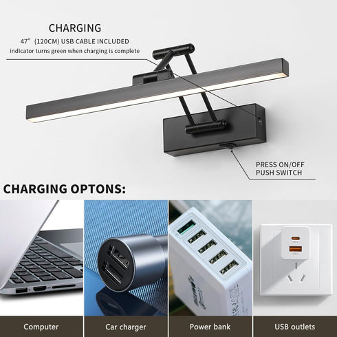 15.7' Inch Dimmable Picture Light Battery Operated Long Rechargeable Wall Sconce LED Library Light with Swing Arm