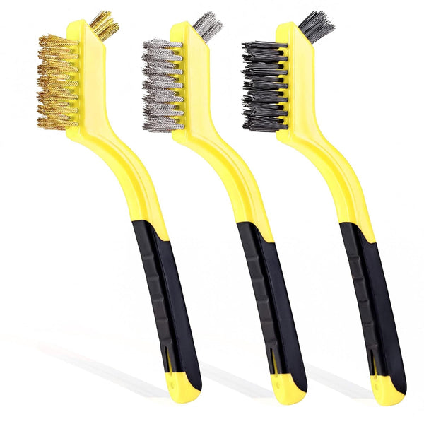 Lavaxon Wire Brush Set 3Pcs - Nylon/Brass/Stainless Steel Bristles with Curved Handle