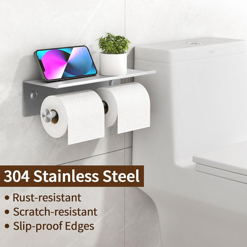 304 YUMORE Toilet Paper Holder, Stainless Steel Bathroom Double Roll Tissue Holder with Shelf, Wall Mounted Washroom