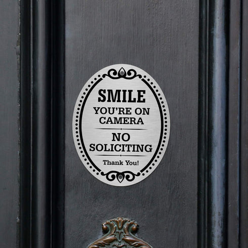 SmartSign Premium No Soliciting Smile You're On Camera Sign, 4" x 5" Aluminum with Adhesive Backing
