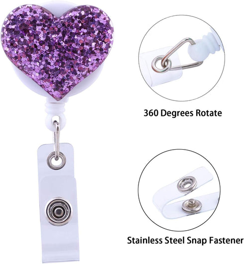 Soleebee 28'' Retractable Badge Reel - Glitter Love Heart Nurse ID/Name Badge Holder with Belt Clip (Purple)