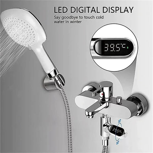 COMOAEW 360 Shower Thermostat, Shower Thermometer LED Display Baby Bath Water Meter Rotation Flow Self-Generating