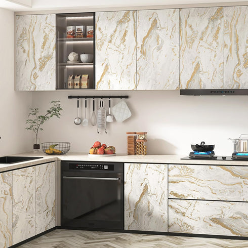 Matte Beige/Gold Marble Contact Paper, Waterproof Peel and Stick Wallpaper for Cabinet Backsplashes