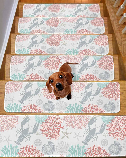 BOHOOSKYLAR 4 8"x30" Gray Lobster Stair Treads Ocean Starfish Coral Shell Marine Life Indoor Non Slip Peel and Stick