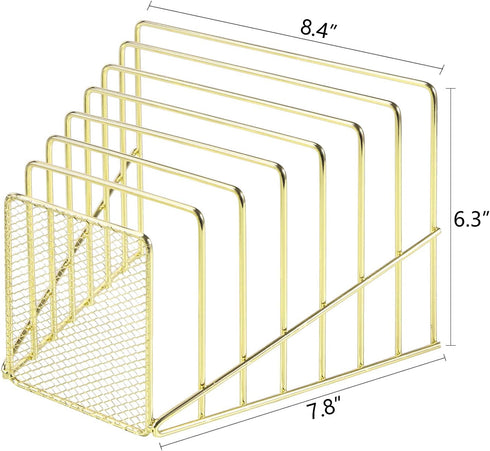 Simmer Stone Incline File Sorter, 7 Slot Magazine Holder for Letter, Document, Folder, Metal Desktop Organizer, Gold