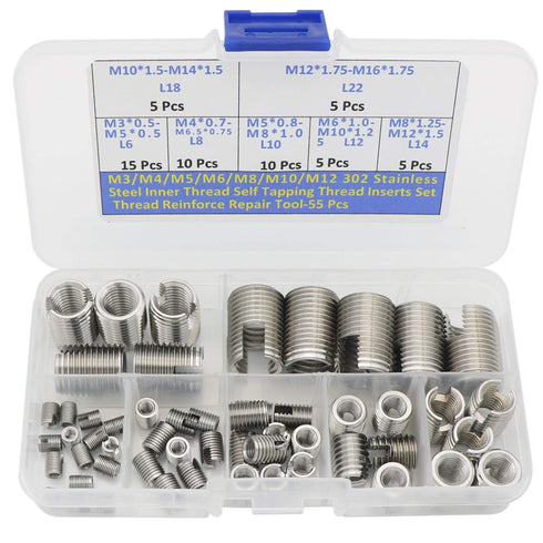 55 Pcs Threaded Inserts, M3 M4 M5 M6 M8 M10 M12 302 Stainless Steel Self Tapping Thread Insert Screw Bushing