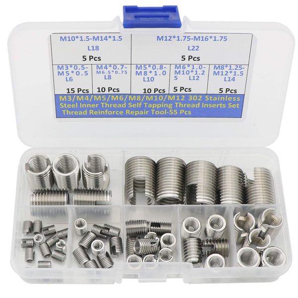 55 Pcs Threaded Inserts, M3 M4 M5 M6 M8 M10 M12 302 Stainless Steel Self Tapping Thread Insert Screw Bushing