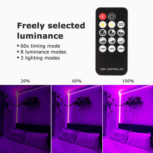 33ft/10M Set 600 12V Dimmable SMD2835 Upgraded LED Black Light Strip with Remote, LEDs, Self-Adhesive Black Light