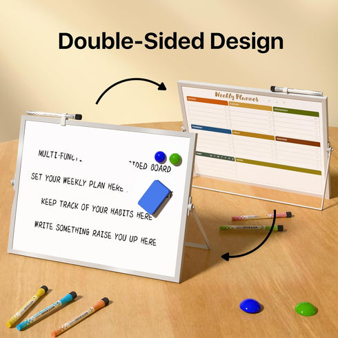 Double-Sided Dry Erase White Board with Stand, 12x16 inch Weekly Schedule Board for Planning with 10 Markers