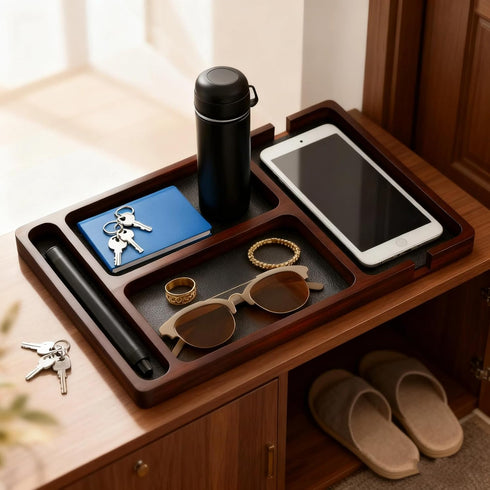 Generic Wooden Valet Tray with Leather Inlay - Key and Wallet Tray, Wooden Jewelry Tray - Nightstand Desk Organizer