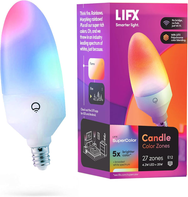 LIFX E12 Candle Color Wi-Fi Smart LED Light Bulb, PolychromeColor, Multi-Zone Dimmable,