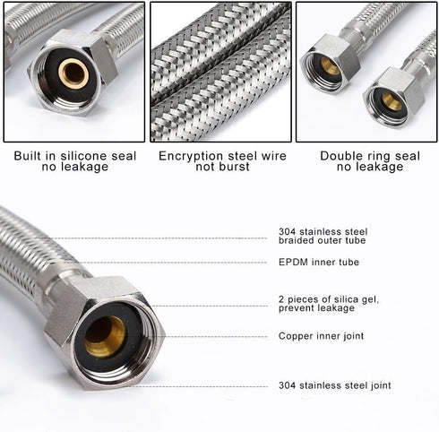 Faucet Line Connector Braided 304 Stainless Steel Supply Hose, 1/2" I.P. Female Thread to 1/2" I.P. Female Straight