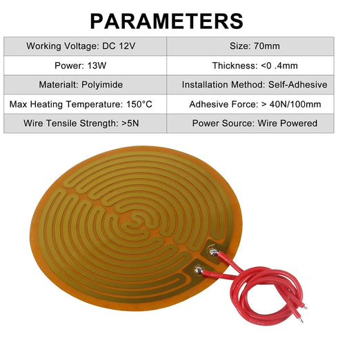 15pcs 70mmx70mm Film Heater Plate Adhesive Pad, 12V 13W Polyimide Heater Plate for Strip Heater