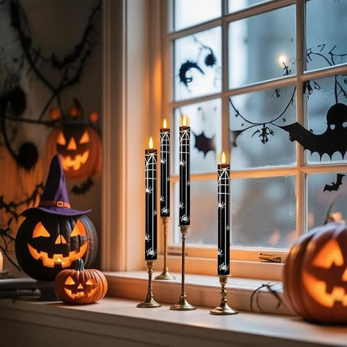 Set 4 Eldnacele Halloween Flameless Flickering Taper Candles with Remote and Timer, Battery Operated Spider Web Decal