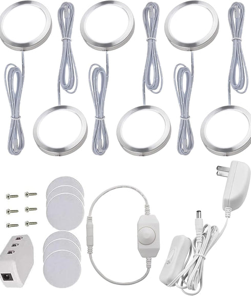 LED Puck Lights, Set of 6, White | Dimmable Under Cabinet Lighting,
