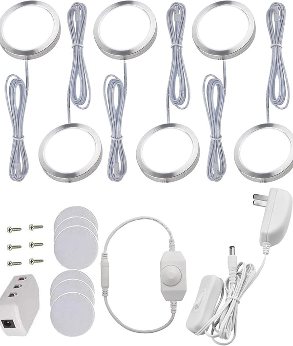 LED Puck Lights, Set of 6, White | Dimmable Under Cabinet Lighting,