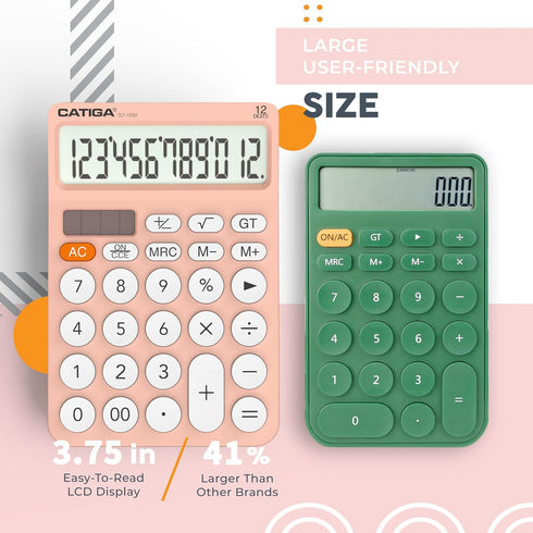 CATIGA 12 Digit Desktop Calculator with Large LCD Display, Round Design Big Button, Solar and Battery Dual Power, Standard Function for Office, Home, School, SD-1292