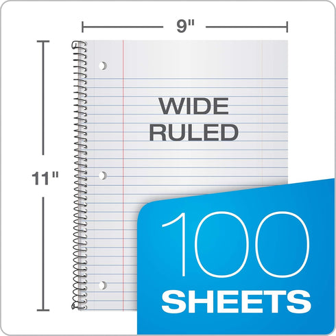Oxford Spiral Notebook 3 Pack, 1 Subject, 100 Sheets, Wide Rule, Durable Plastic Covers, 8.5 x 11, Red, Green, Blue