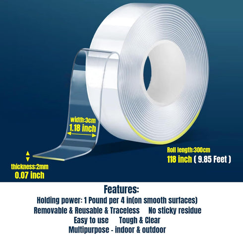 Double Sided Tape Heavy Duty, Nano Tape, Clear Adhesive Strips for Picture Hanging, Removable Wall Tape, 10FT